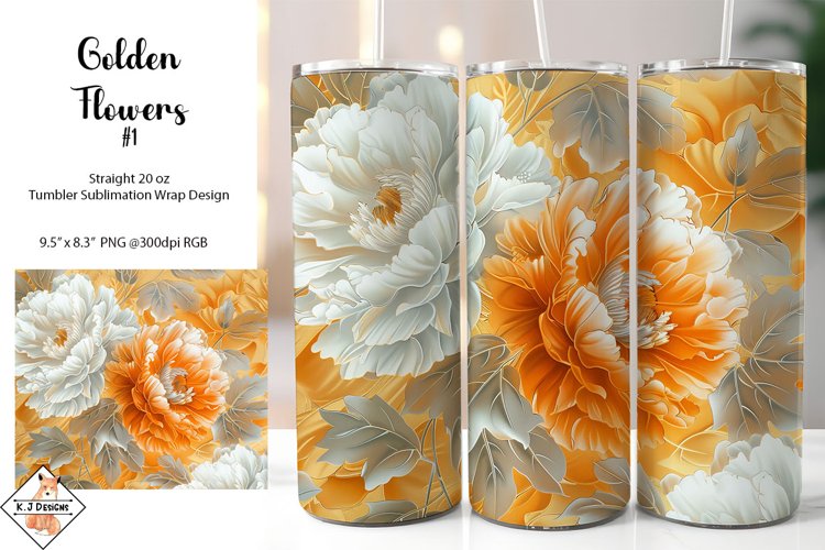 Golden Flowers Tumbler Sublimation wrap Design