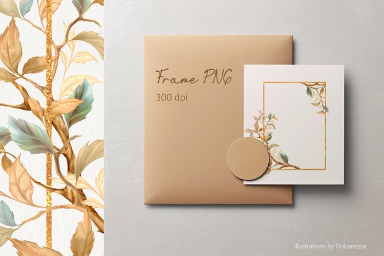 Hand-Drawn Golden Frame with Autumn Leaves PNG
