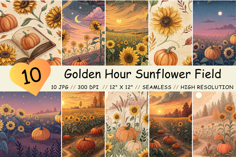 Golden Hour Sunflower Field Seamless Pattern, Digital Paper