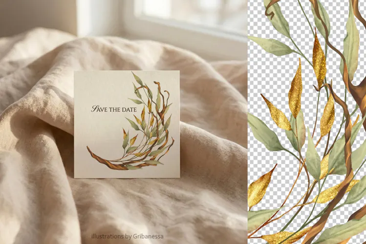 Golden Leaves and Sage Green Botanical Border PNG