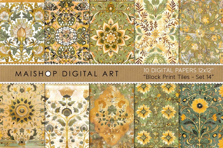 Golden Ochre & Sage Botanical Tile Backgrounds