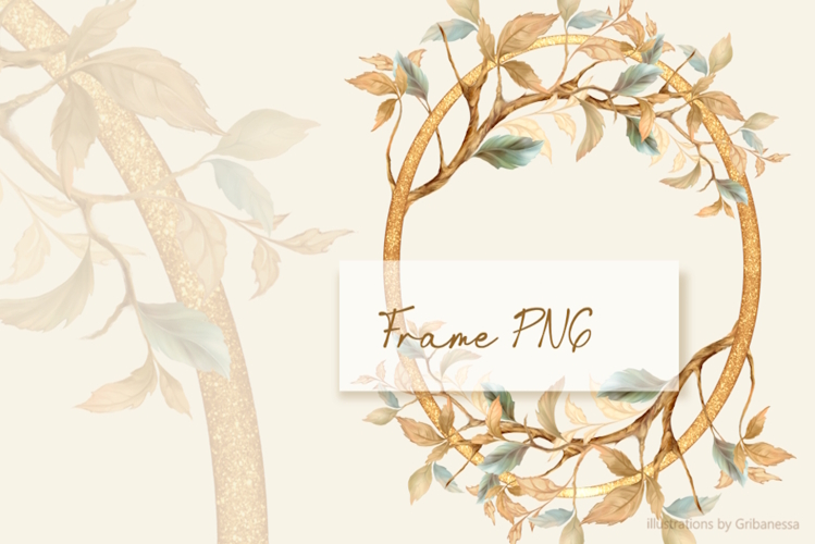 Hand-Drawn Golden Oval Frame with Autumn Leaves PNG