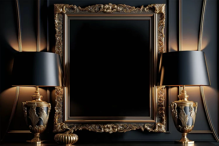 Golden picture frame mockup. Retro design
