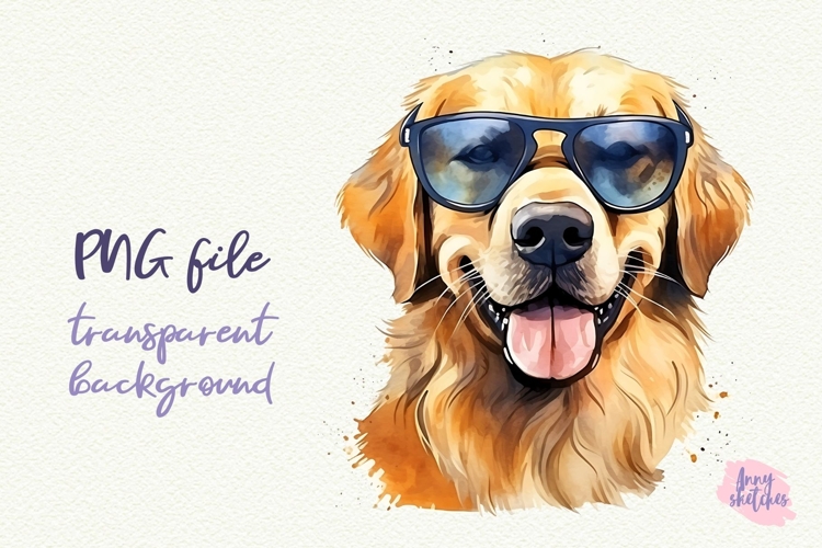 Golden Retriever in Sunglasses Cool Dog Watercolor Clipart