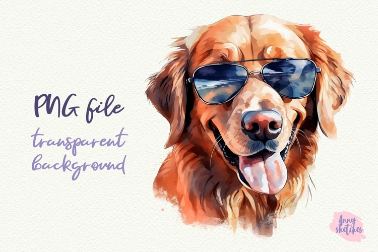 Golden Retriever in Sunglasses Cool Dog Watercolor Clipart
