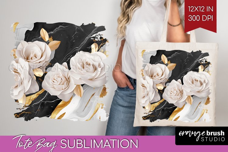 3d Rose Tote Bag - Marble Rose Tote Bag PNG Sublimation