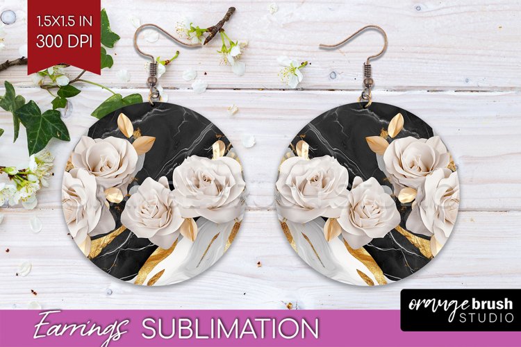 3d Rose Round Earrings - Marble Rose PNG Sublimation