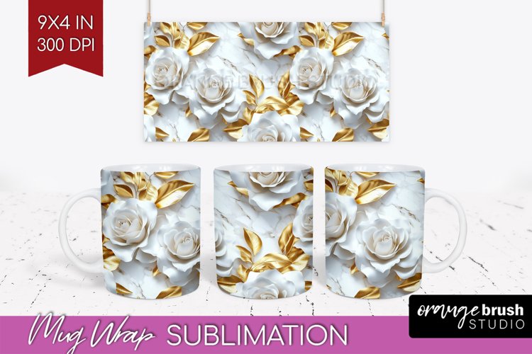 3d Rose Mug Wrap - Marble Rose Mug PNG Sublimation