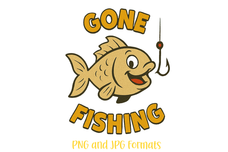 Gone Fishing Fish Pun Logo Slogan Illustration PNG
