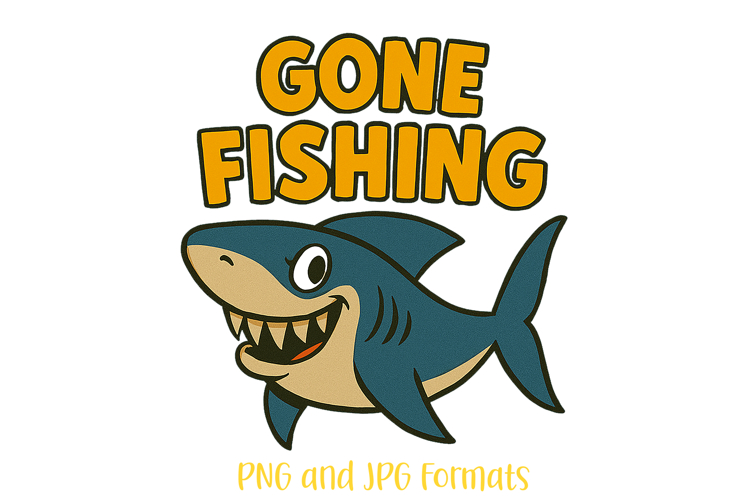 Gone Fishing Shark Pun Logo Slogan Illustration PNG Cartoon