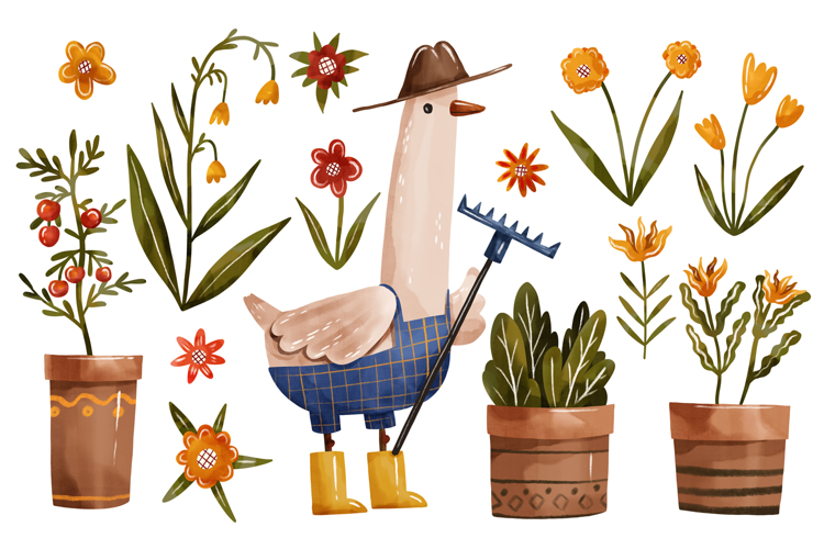 Watercolor Gardening Goose Clipart Set Farmer Goose, Flowers