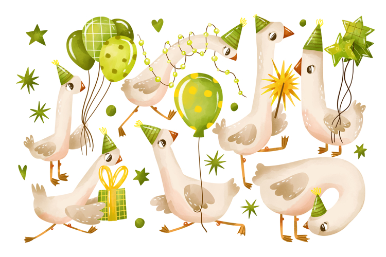 Green Birthday Goose Clipart Set Hand Drawn Party Geese
