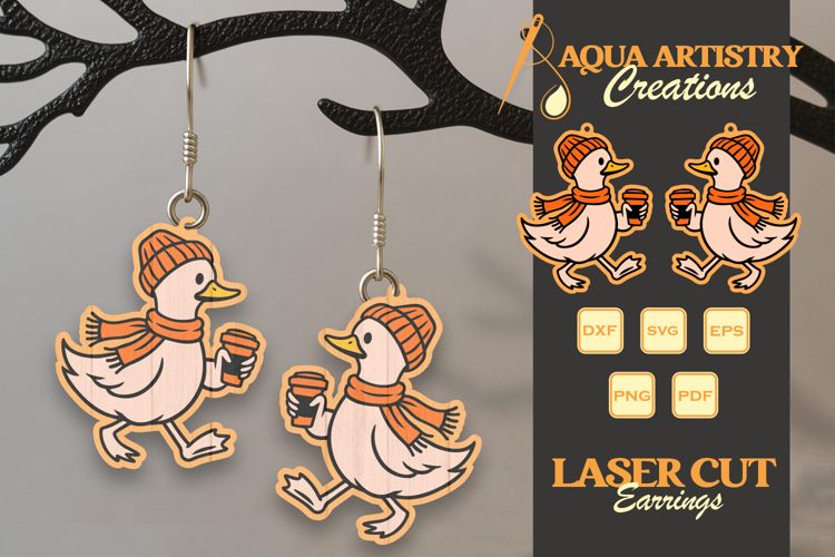 Goose Holding Coffee Cup Halloween Earrings Lasercut Design