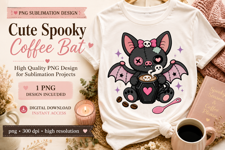 Halloween Coffee Bat Sublimation Design, Cute Spooky Bat PNG