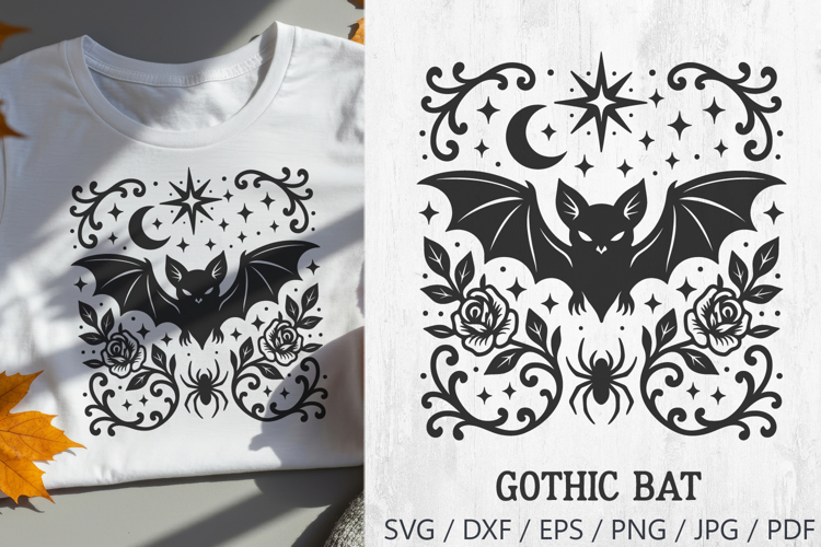 Gothic Bat with Moon, Stars, Roses and Spider Halloween SVG