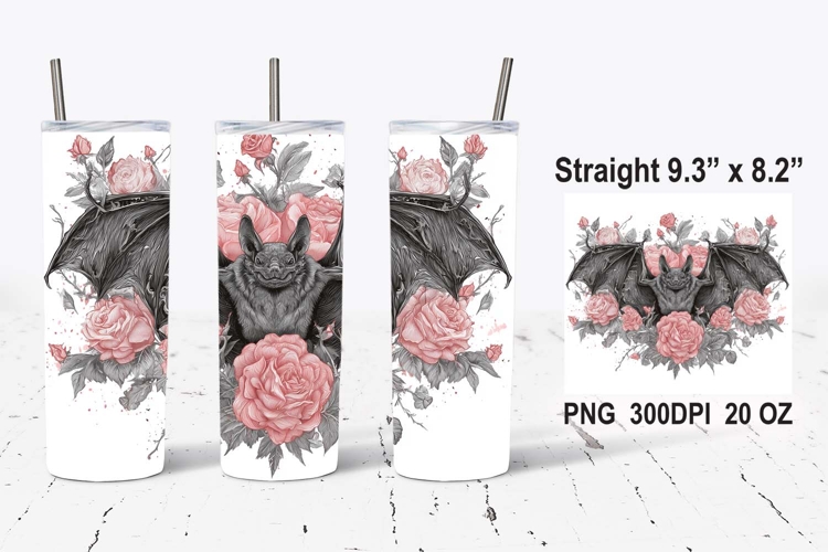Gothic Bat With Roses Tumbler Wrap, Bat PNG, Halloween PNG
