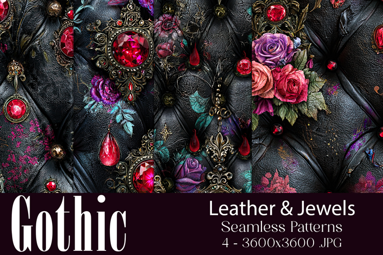 Gothic Patterns, Black Leather x Jewels Seamless Pattern, s1