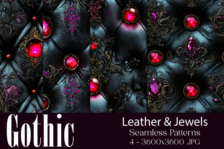 Gothic Patterns, Black Leather x Jewels Seamless Pattern, s2