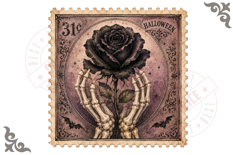 Gothic Black Rose Skeleton Hands Stamp Clipart PNG
