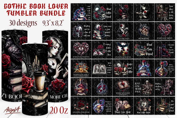 Gothic Book Lover tumbler wrap bundle Book lover quotes PNG