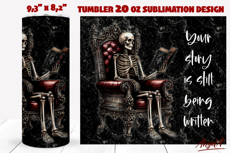 Gothic Book Lover tumbler Skeleton reading a book quote