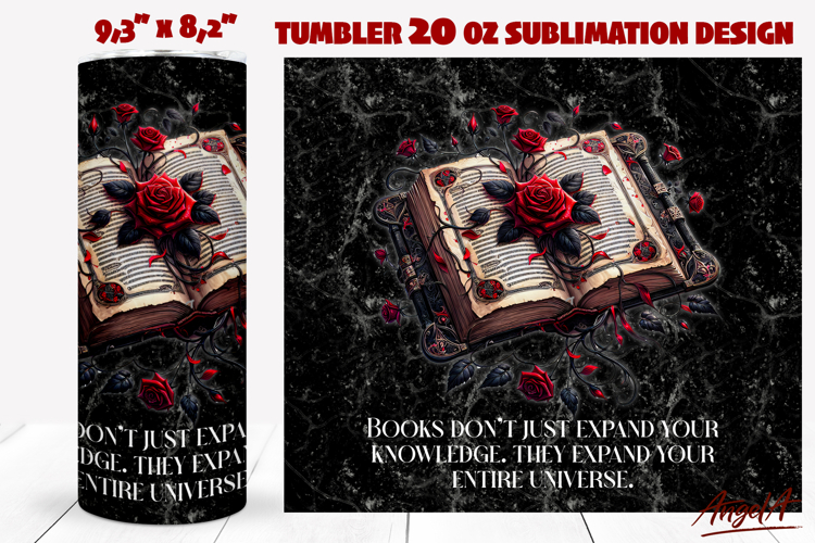 Gothic Book lover tumbler Floral open book Reading quote PNG