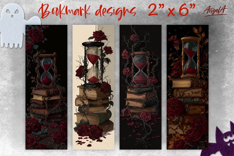 Dark Gothic bookmark sublimation, vintage hourglass, books