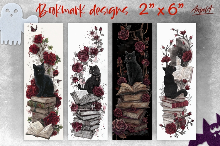 Gothic bookmark designs, vintage, black cat bookmarks