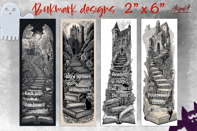 Linocut gothic bookmark sublimation, reading quotes PNG