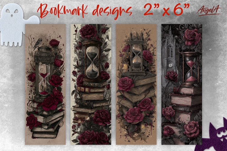 Gothic floral vintage bookmark sublimation, stack of books