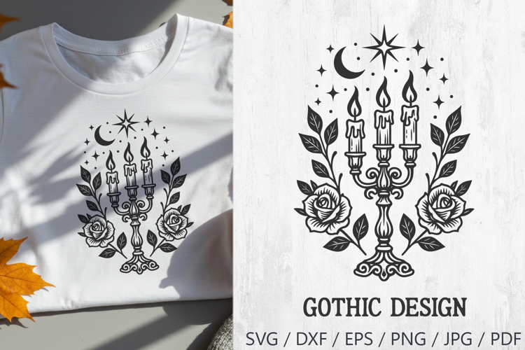 Gothic Candleholder with Roses and Moon Halloween SVG PNG