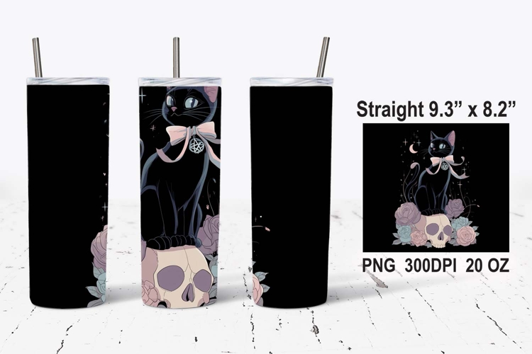 Gothic Cat on Skull Tumbler Wrap, Cat PNG, Halloween PNG