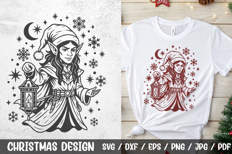 Gothic Christmas Elf SVG | Lantern and Snowflakes Design