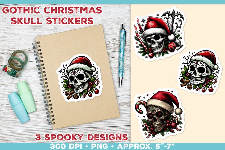 Gothic Christmas Skull Stickers. Printable Spooky Stickers