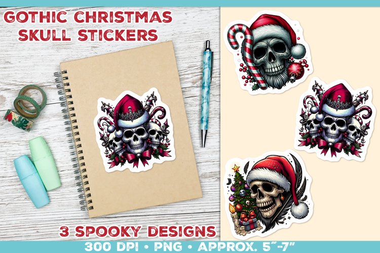 Gothic Christmas Skull Stickers. Printable Spooky Stickers