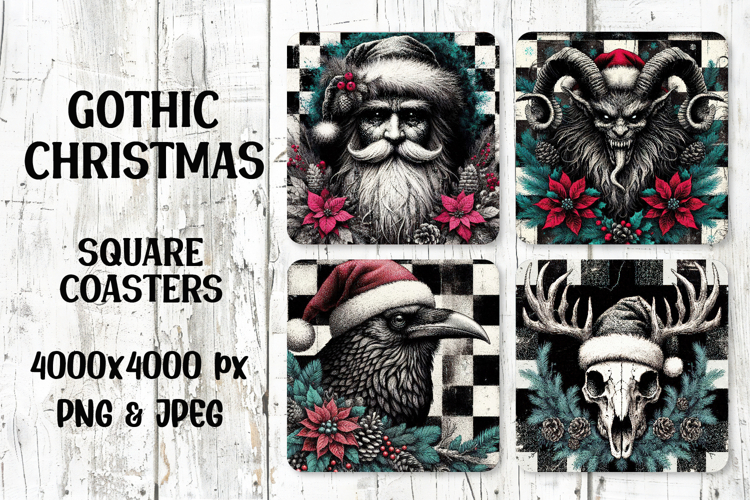 Gothic Christmas coasters featuring a Gothic Santa, Krampus, raven with Santa hat, and stag skull with wreath. Perfect for sublimation, crafts, and alternative holiday decor.