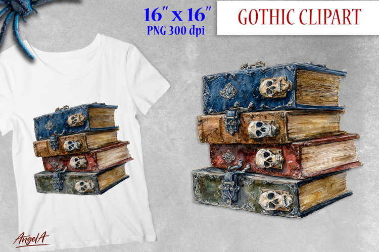 Stack of books vintage with a skull, gothic clipart PNG