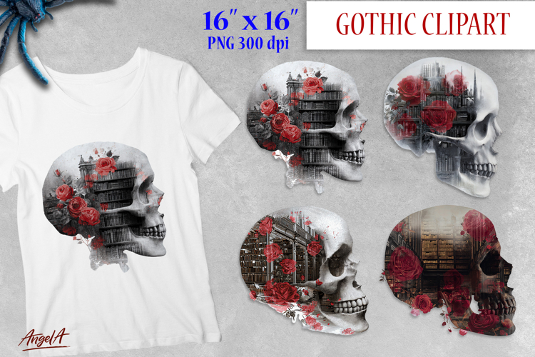Floral skull clipart , book clipart, double exposure PNG
