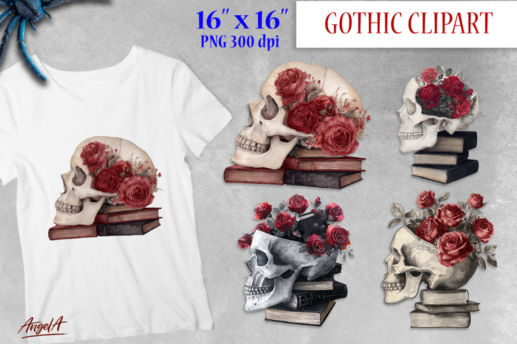 Floral skull clipart , book clipart, stack of books vintage