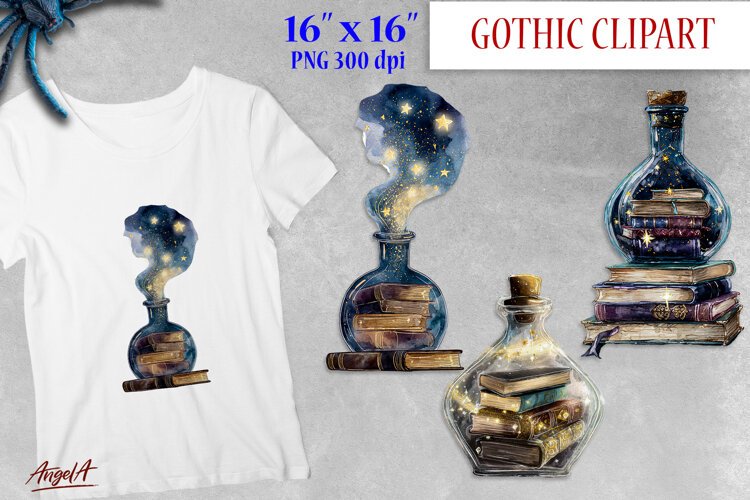 Stack of Books and roses, gothic book clipart, magic bottle example image 1