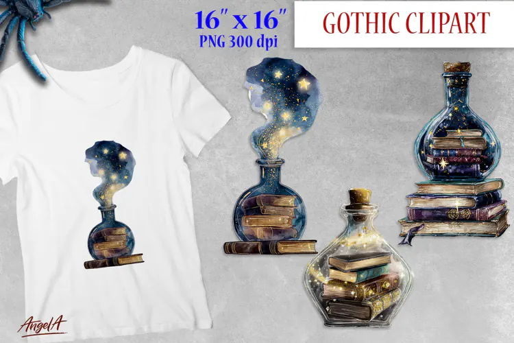Stack of Books and roses, gothic book clipart, magic bottle