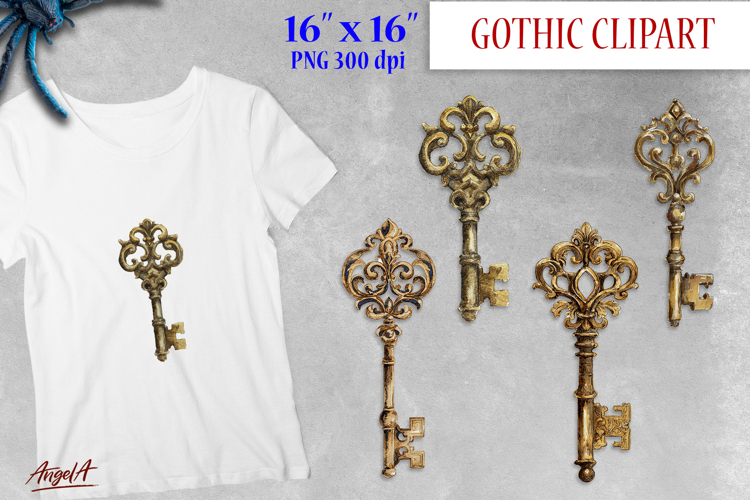 Gothic clipart, vintage golden key clipart