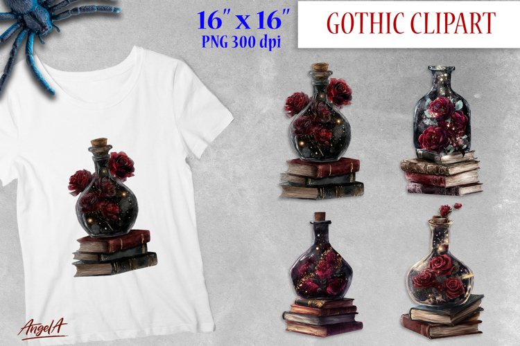 Stack of Books and roses, gothic book clipart, magic bottle