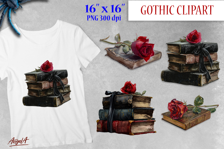 Gothic floral clipart, stack of books clipart, red roses