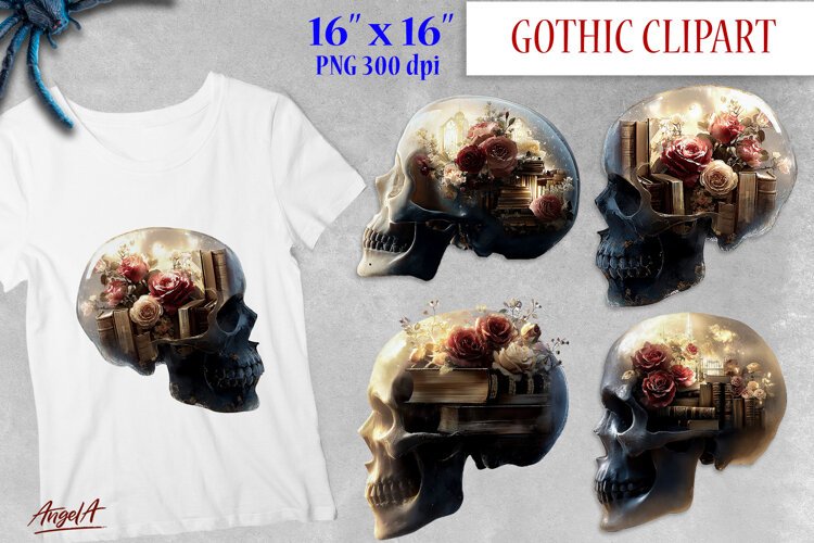 Floral skull clipart , book clipart, double exposure PNG example image 1