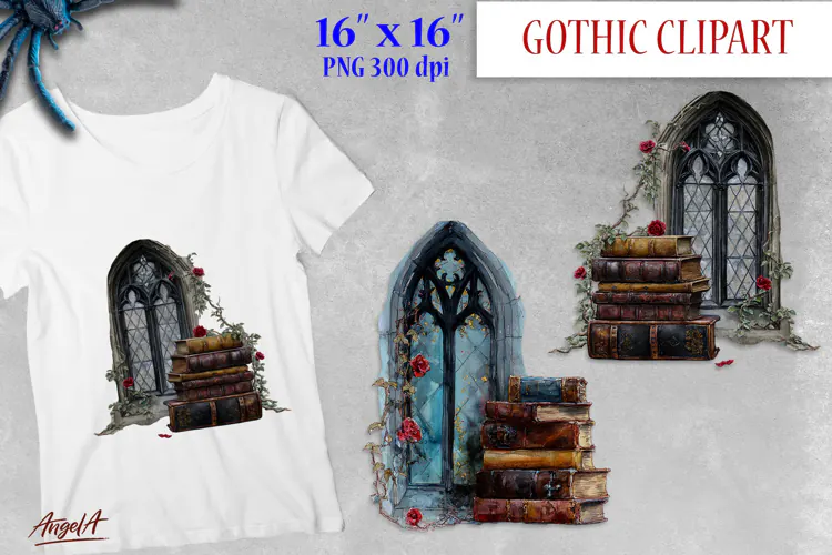 Gothic clipart, vintage window clipart with red roses PNG