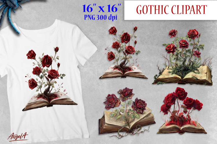 Books and roses, vintage open book clipart, gothic floral