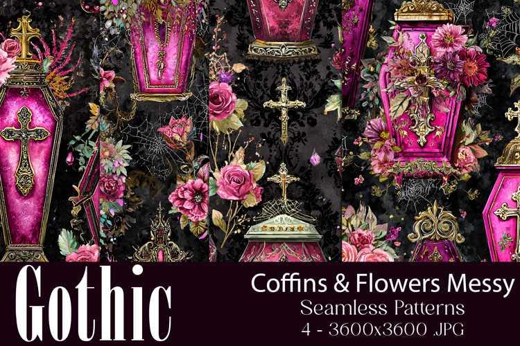 Gothic Patterns, Coffins x Flowers Seamless Pattern, s2