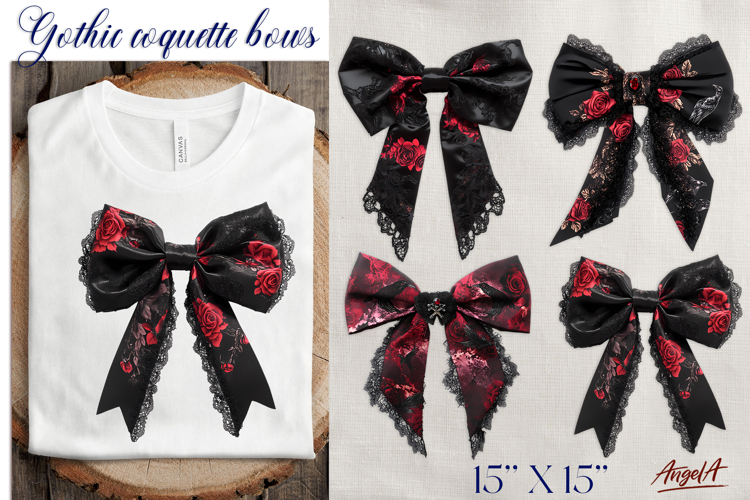Black lace silk coquette bow clipart Gothic floral PNG