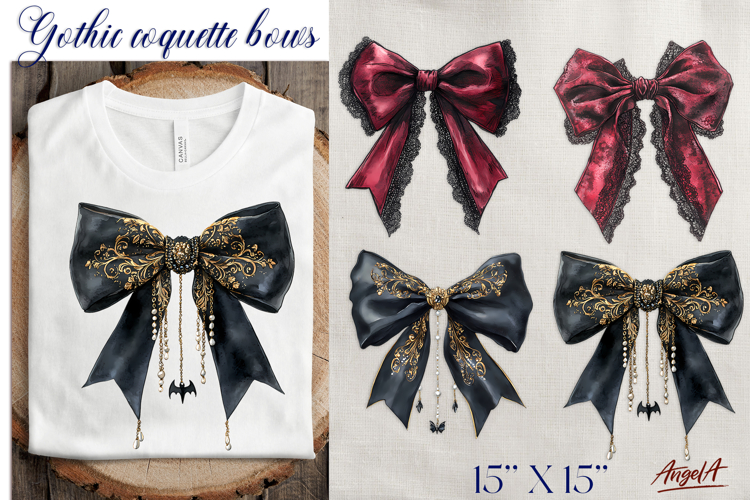Black lace silk coquette bow clipart Gothic floral PNG